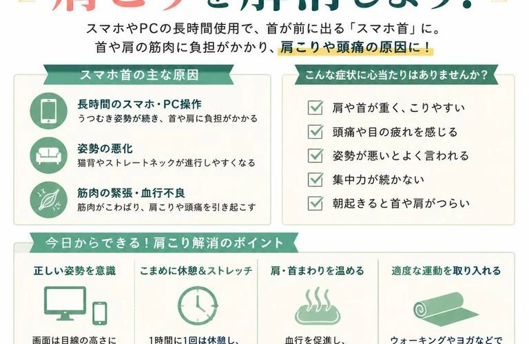 スマホ首がもたらす肩こりを解消しよう！