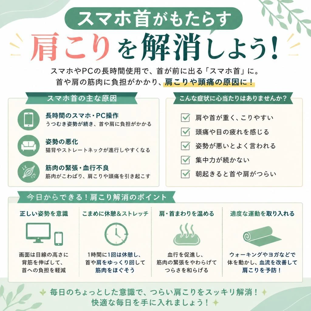 スマホ首がもたらす肩こりを解消しよう！