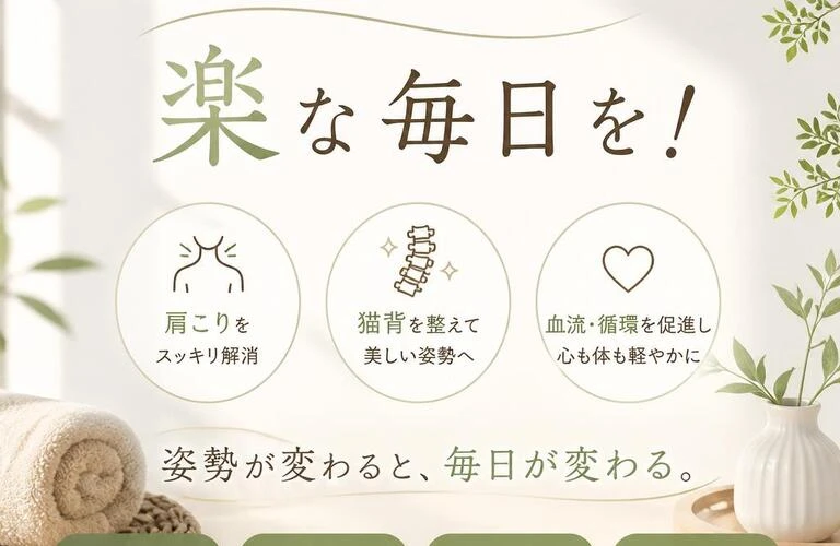 肩こりと猫背を解消し、楽な毎日を！