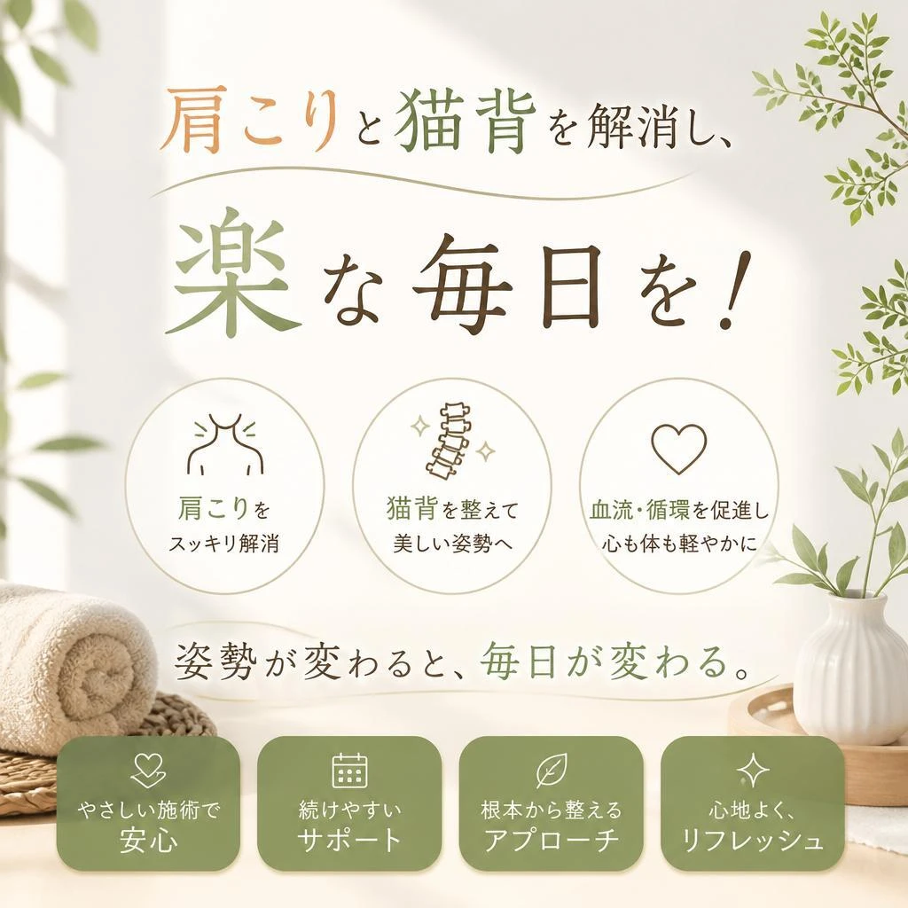 肩こりと猫背を解消し、楽な毎日を！