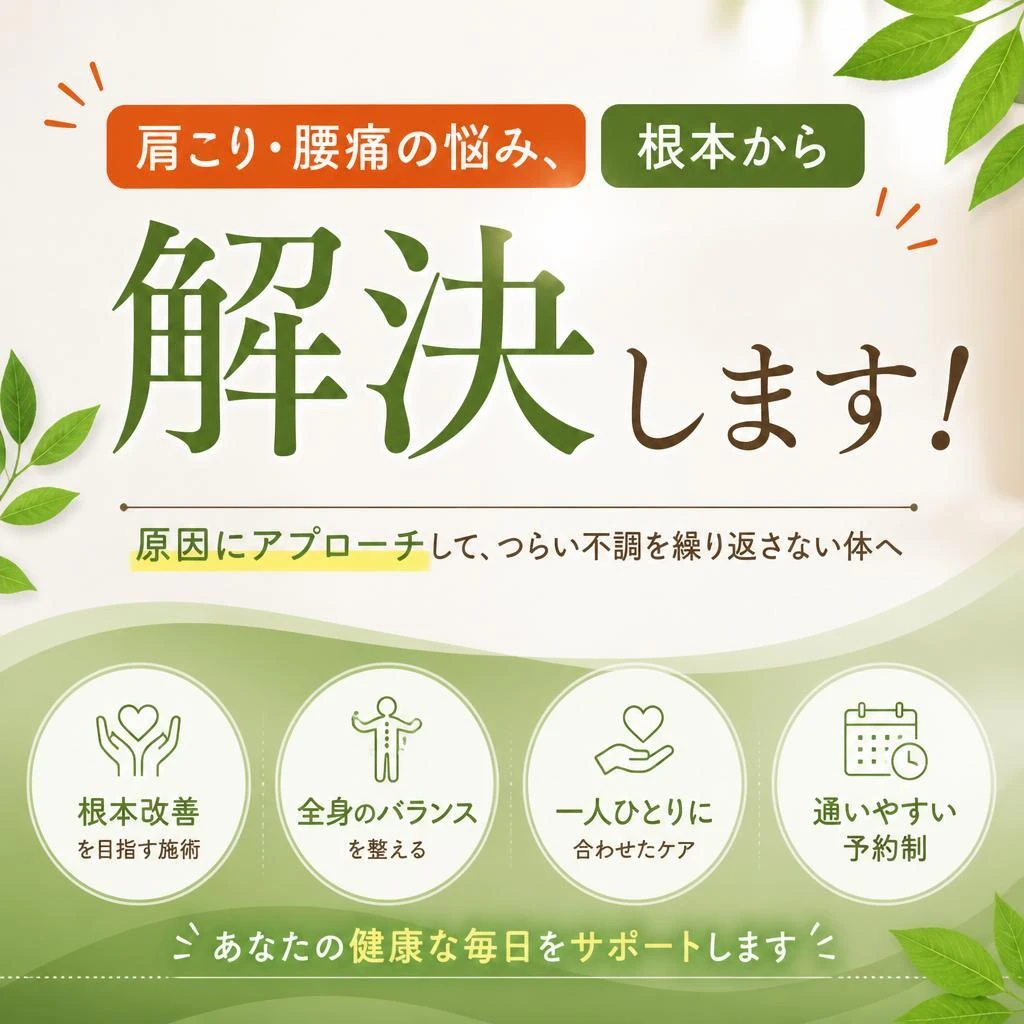 肩こり・腰痛の悩み、根本から解決します！