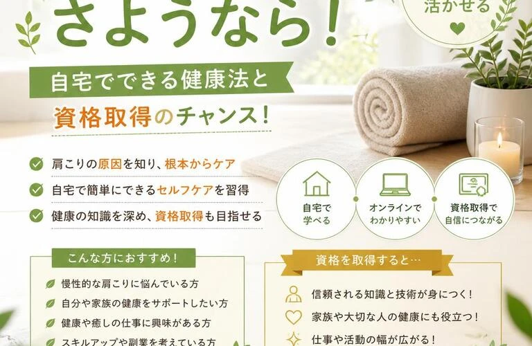 肩こりとはさようなら！自宅でできる健康法と資格取得のチャンス！