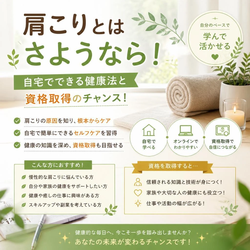 肩こりとはさようなら！自宅でできる健康法と資格取得のチャンス！