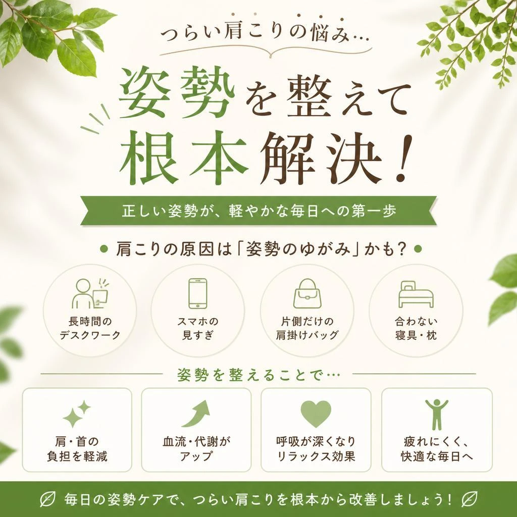 肩こりの悩み、姿勢を整えて根本解決！