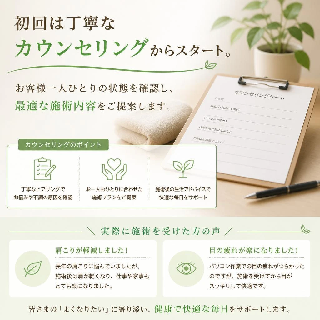 施術の流れとお客様の声