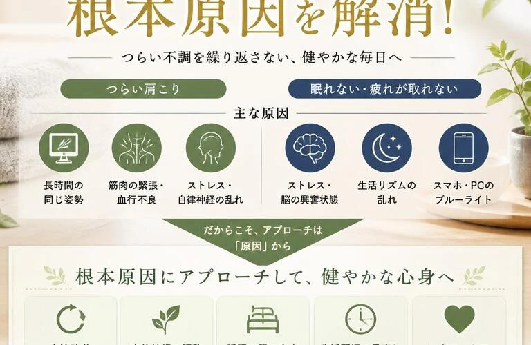 肩こりと不眠の根本原因を解消！