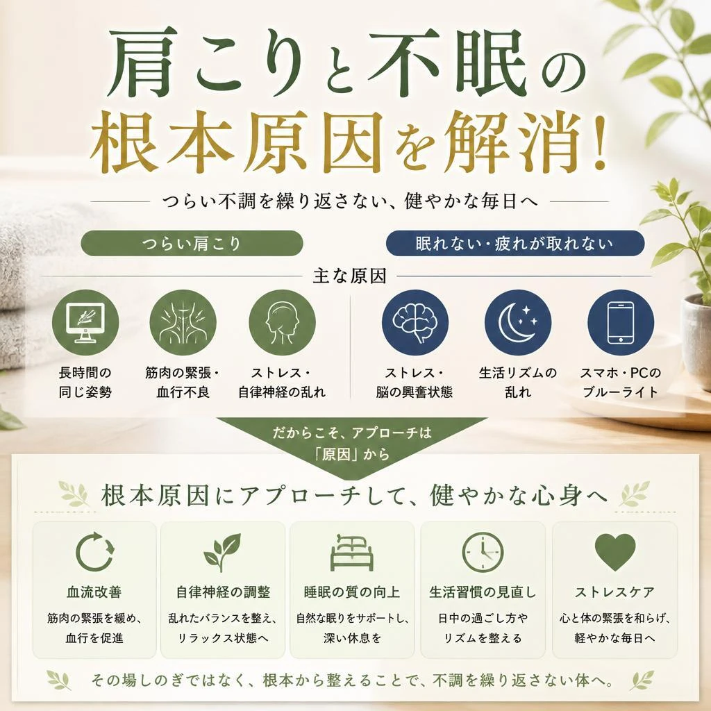 肩こりと不眠の根本原因を解消！