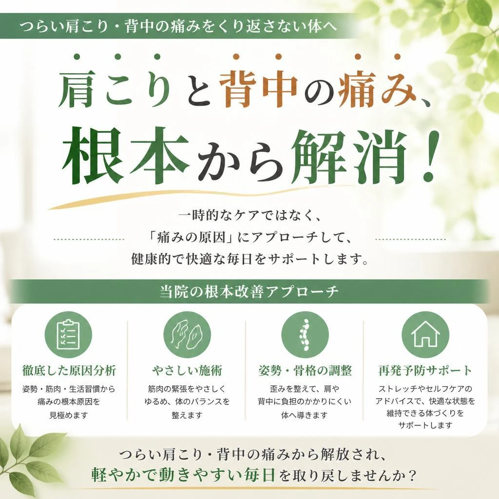 肩こりと背中の痛み、根本から解消！