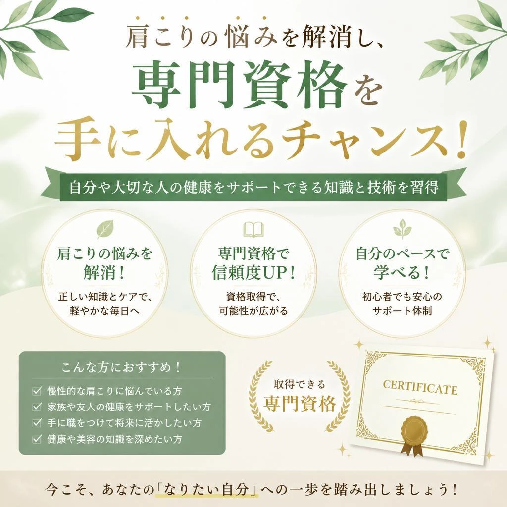 肩こりの悩みを解消し、専門資格を手に入れるチャンス！