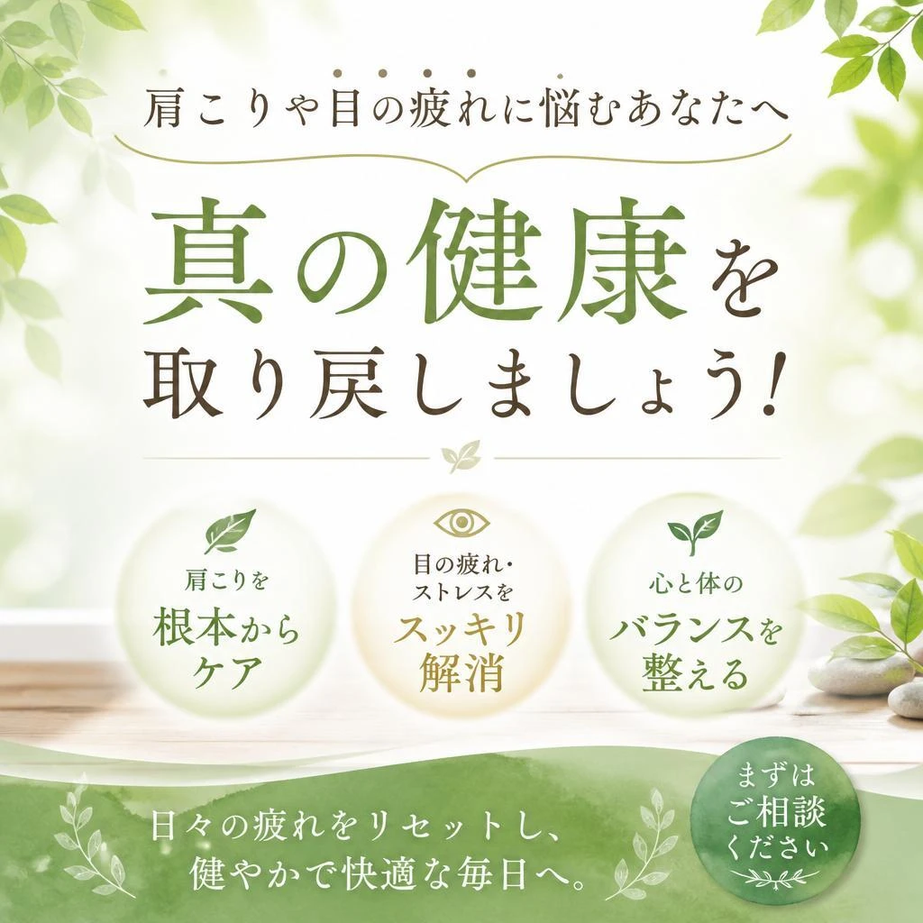肩こりや目の疲れに悩むあなたへ、真の健康を取り戻しましょう！