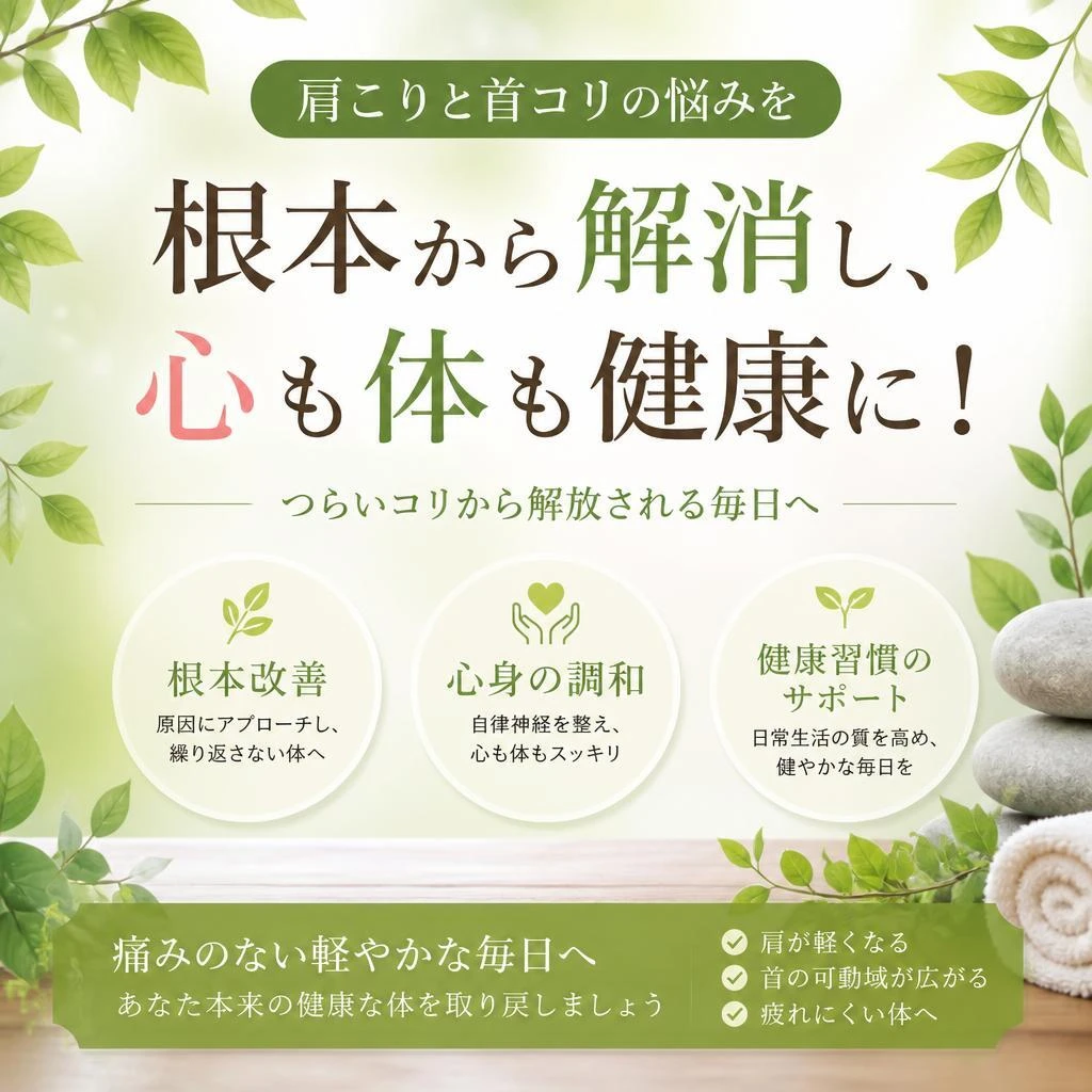 肩こりと首コリの悩みを根本から解消し、心も体も健康に！
