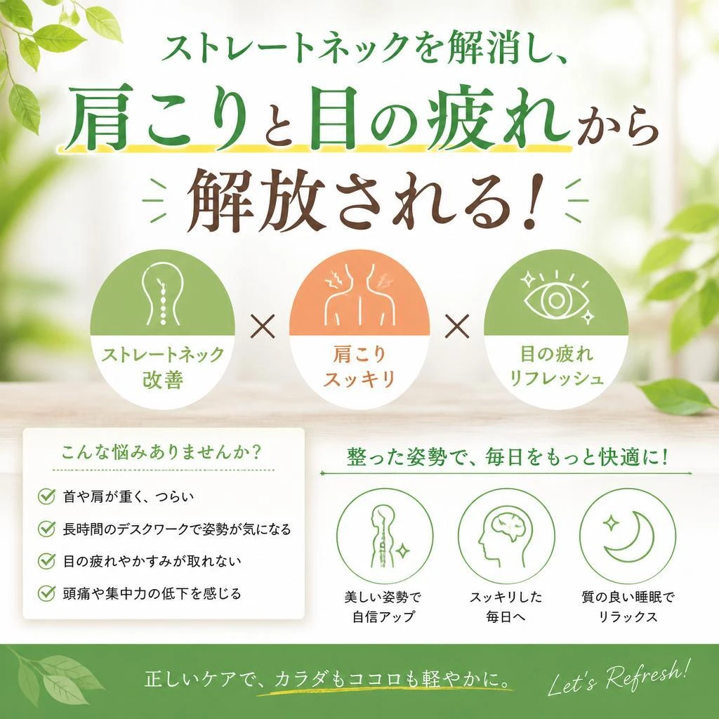 ストレートネックを解消し、肩こりと目の疲れから解放される！